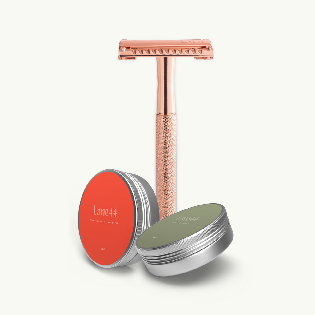 rose gold safety razor with natural shaving creams