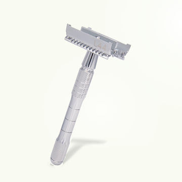 silver safety razor with butterfly open