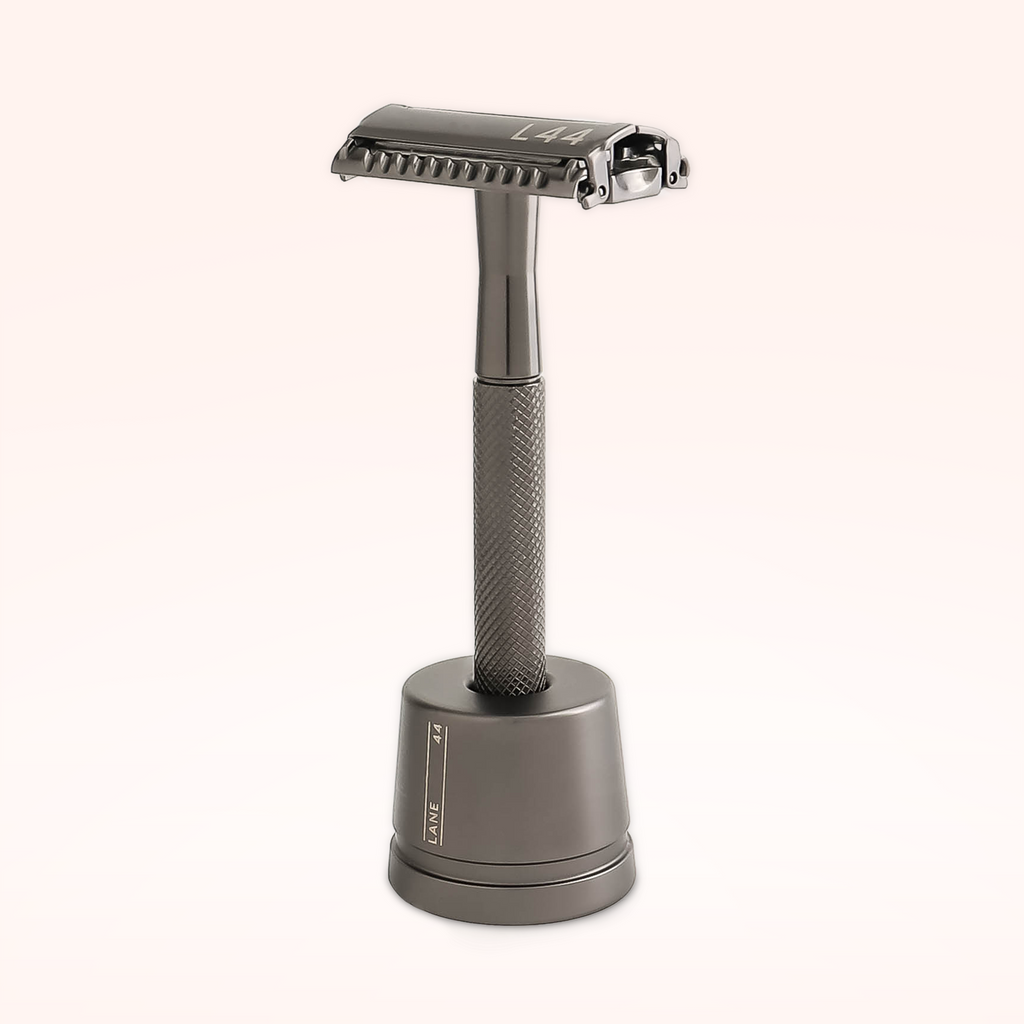 Charcoal safety razor in shaving stand