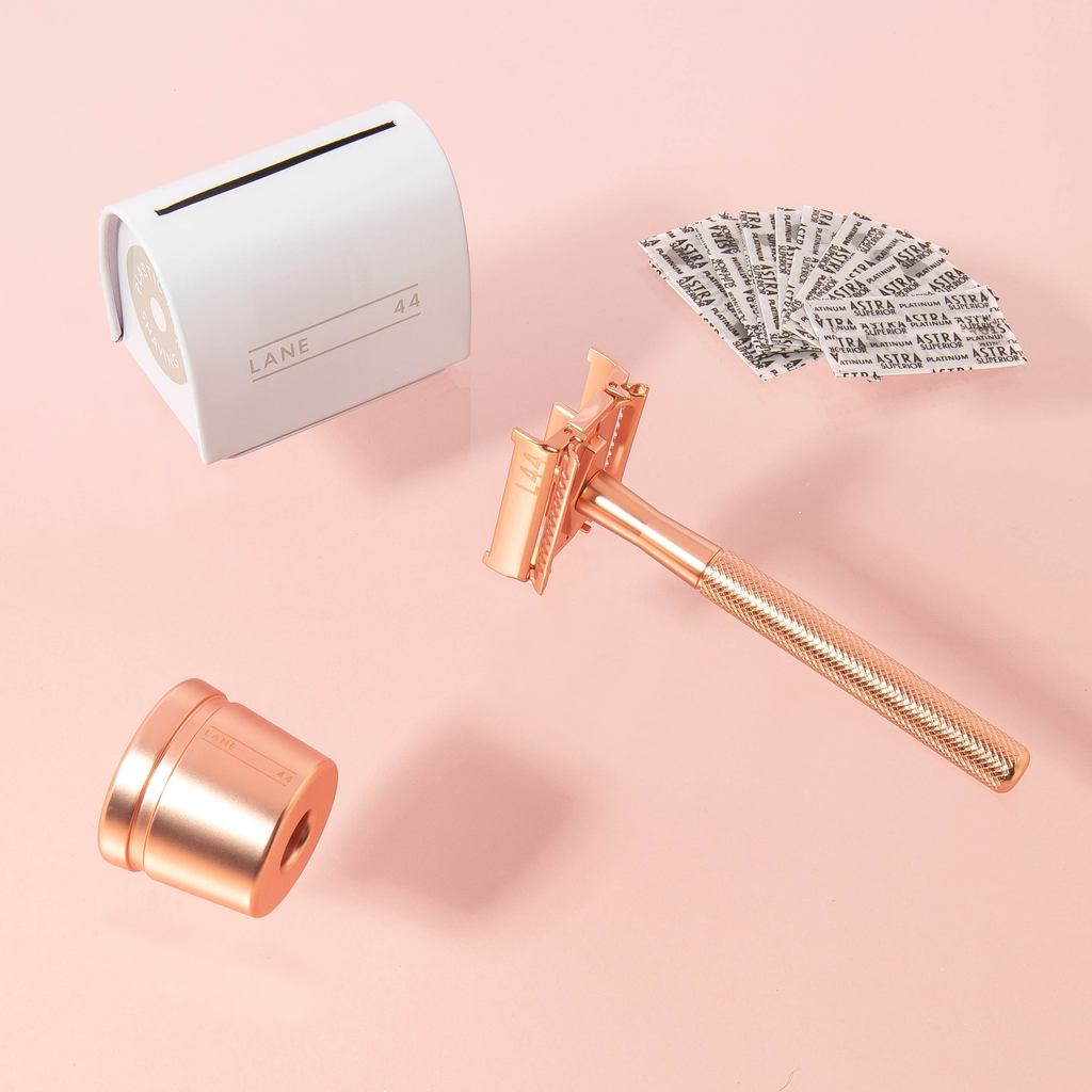 Rose Gold Safety Razor Butterfly Open Double Edge Blade Recycling Bin And Shaving Stand 